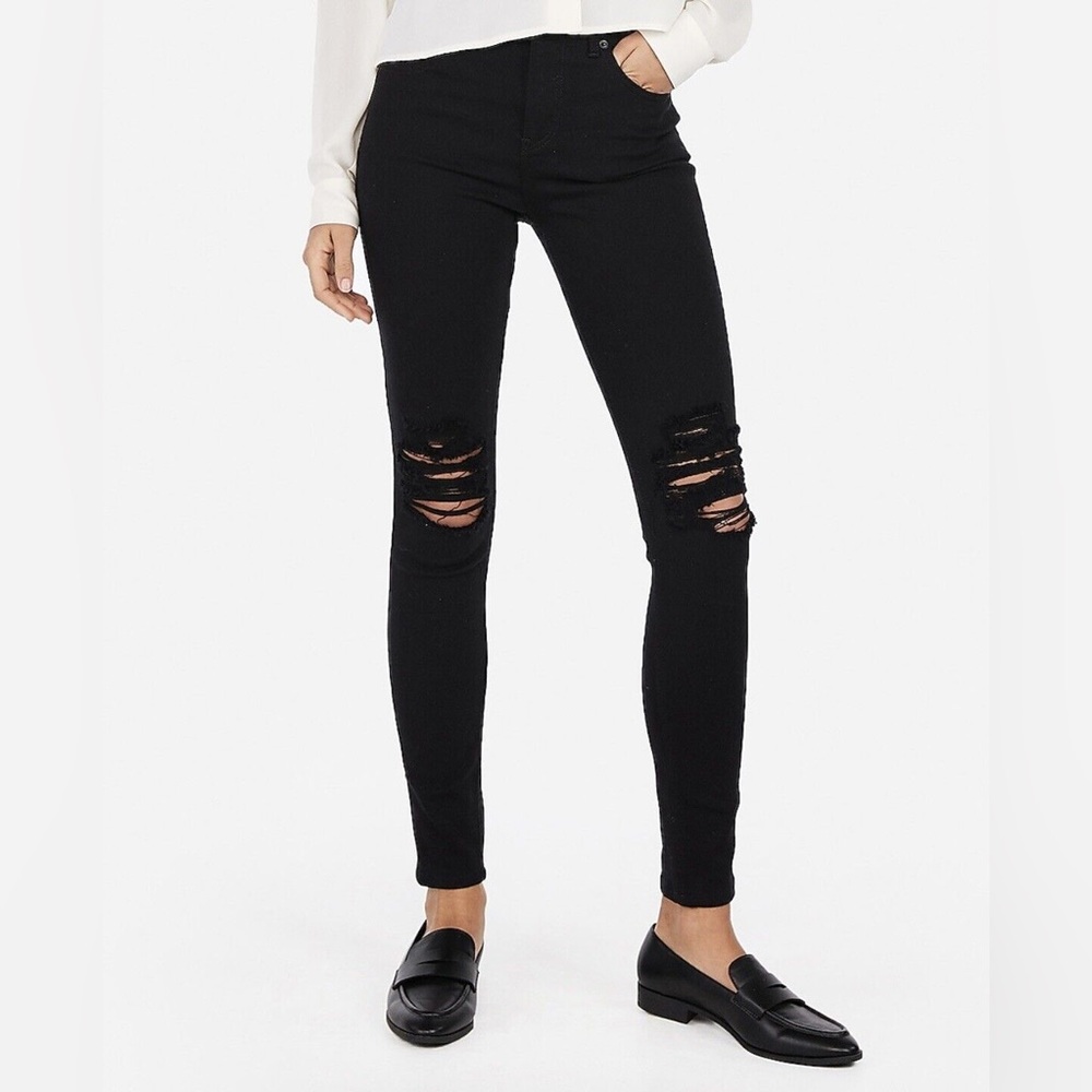 Express Women’s Black High Waisted Ripped Knee Stretch Jean Leggings Size 6 Long